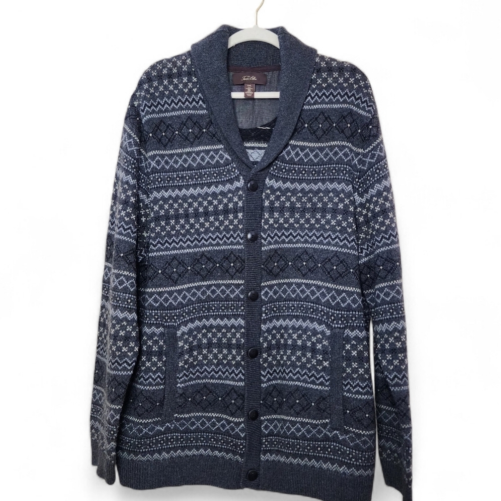 Tasso Elba Men's XXL Shawl Collar Cardigan Sweater | Grey Fair Isle Knit Wool